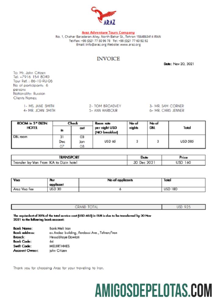 Fatura da empresa Iran Araz Tours exemplo